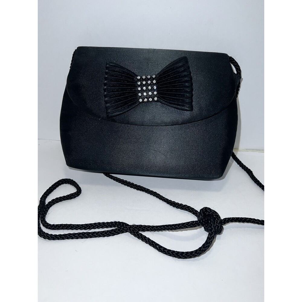 VTG. BLACK SATIN RHINESTONES Evening Bag Clutch Shoulder Bag - Picture 6 of 10